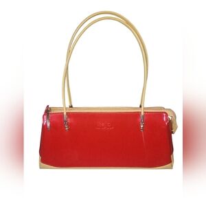 Beijo Vibrant Red and Tan Glossy Patent Leather Y2K Minimalist Women's Handbag